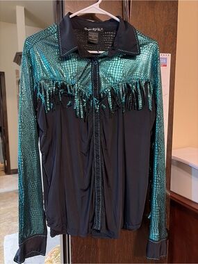 Cowboy tuff long sleeve black with turquoise fringe size large